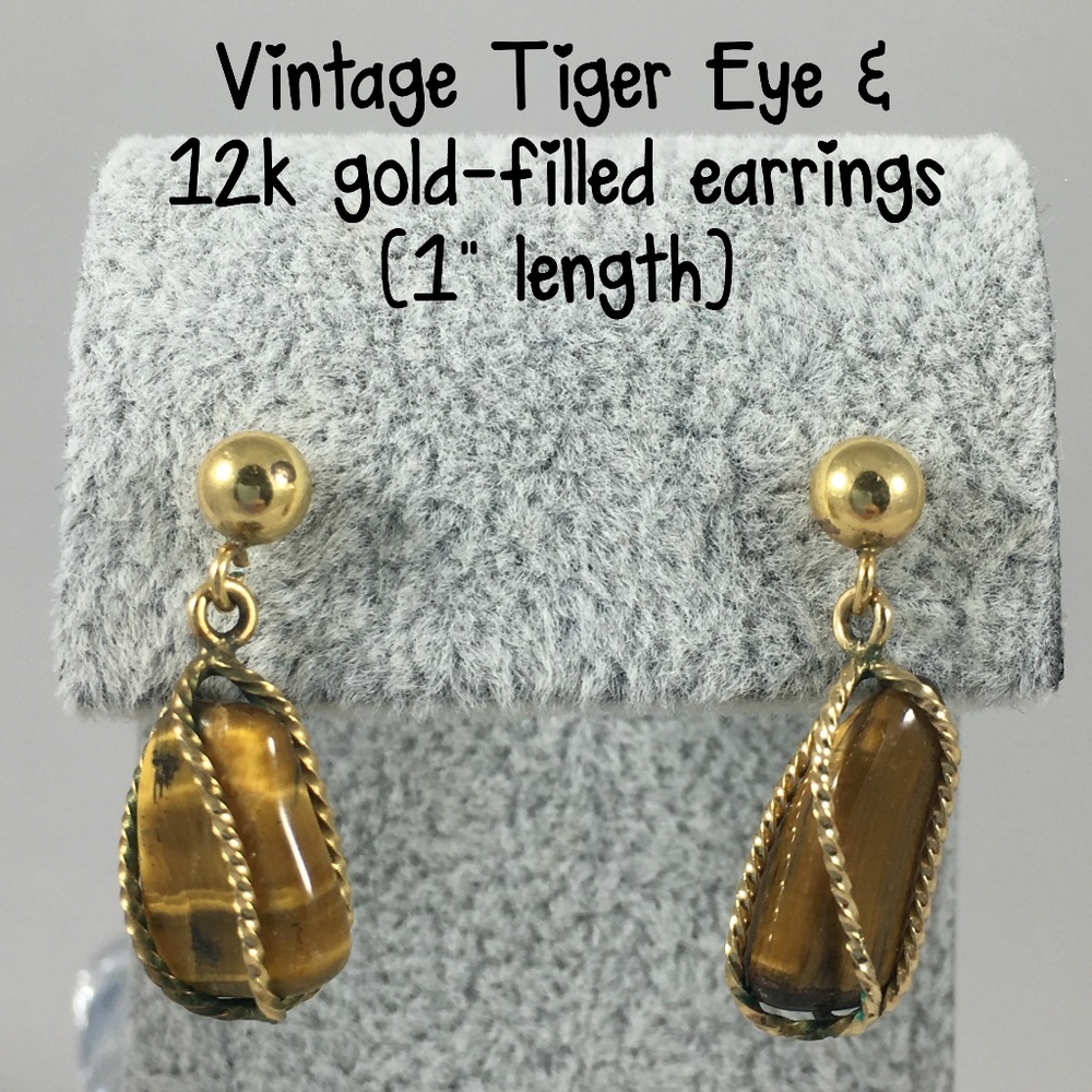 Vintage Tiger Eye 12k Gold-Filled Post Earrings